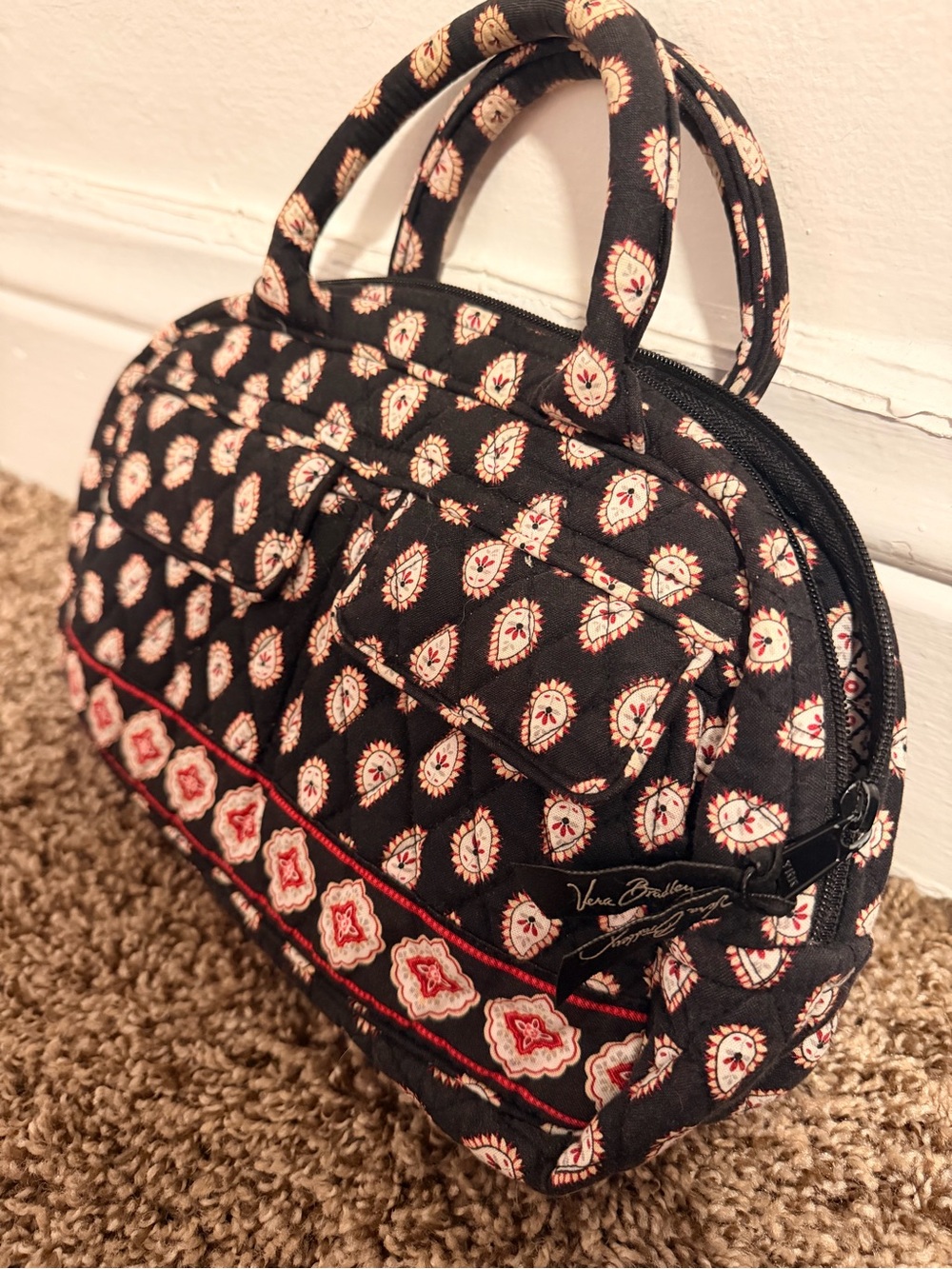 Vera Bradley Black Tote with Cream and Red Paisley Motif